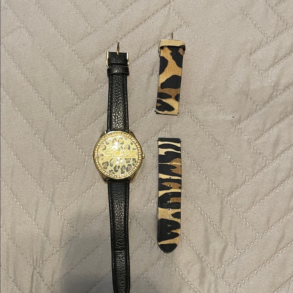 Guess Black and Gold Women's Watch with Animal Print Strap